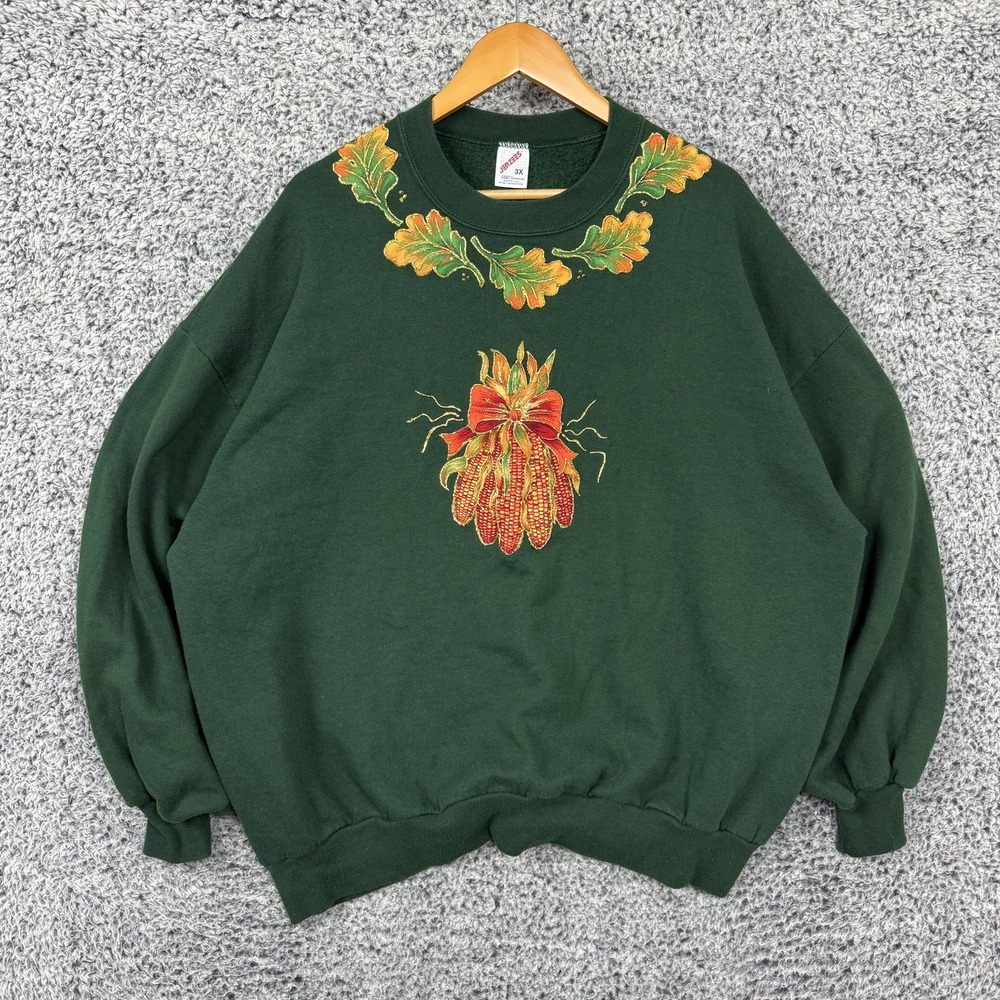 Vintage Fall Leaves Sweatshirt Women 3XL Corn Harvest Glitter Tacky Handmade USA